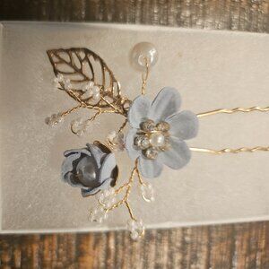Pearl, Gold, Light Blue Flowers, Hairpin, Formal, Wedding - Set of two